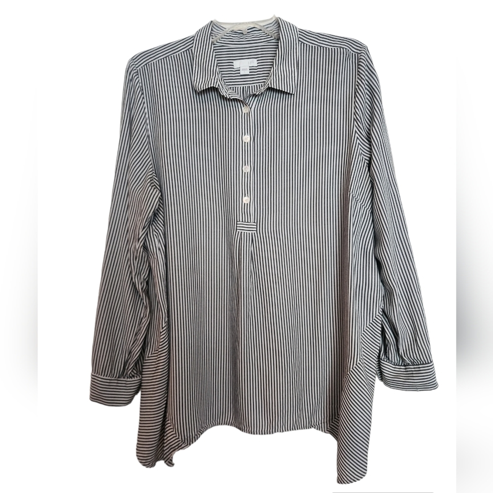 J. Jill Gray Cream Stripe Rayon Roll Tab Sleeve Asymmetrical Hem Blouse Large